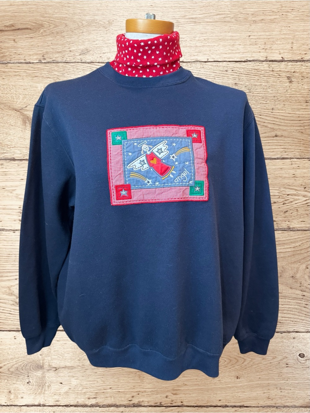 Vintage 90s Carissa C Angel Christmas Sweatshirt L Layered Mock Neck Appliqué